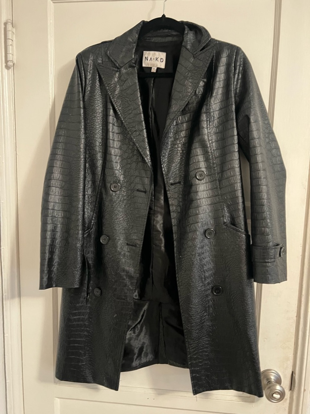 NA-KD Black Croc-Embossed Double-Breasted Trench Coat